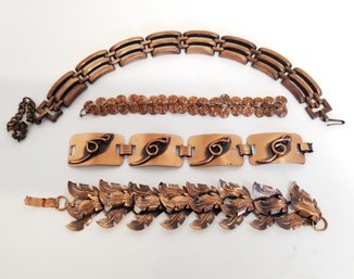 Unique Vintage Mid Century 4 Copper Statement Bracelets: Leaf Shaped, Panel & Link Designs
