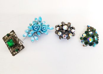 4 Sparkly Vintage Multi-colored Rhinestone Pins/brooches(lot 10)