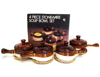 Vintage Set Of Four Stoneware Soup Crocks With Lids, Handles & Serving Trivets -  Original Box