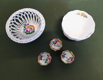 Vintage Herend Porcelain Floral Wear Basket, Aynslely Cottage Garden Bowl & 3 Bone China Salt Cellars