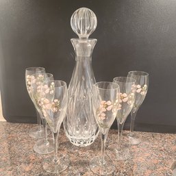 Gorgeous Waterford Crystal Decanter With 6 Perrier Jouet Champagne Flutes With Dogwood Pattern