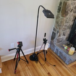 2 Video/camera Tripods (Ambico & Red Accent) With Adjustable Hallogen Studio Light