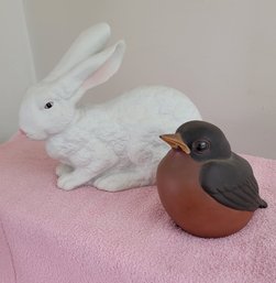 Cute Vintage Bisque Bunny & Ceramic Bird