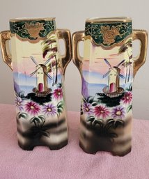 Pair Vintage Miyako Twin Handled Japanese Ceramic Vases