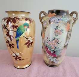 Two Tall Hand Painted Porcelain Vases Made In Japan