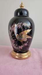 Lovely Black Hand Painted Porcelain Lidded Ginger Jar