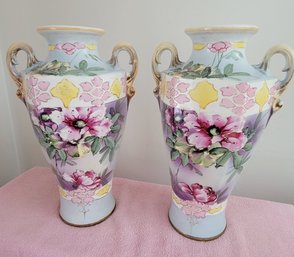 Pair Vintage Hand Painted Royal Nippon Twin Handled Vases