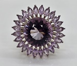 Rose De France Amethyst (120 Facets) Sunflower Ring In Platinum Over Sterling