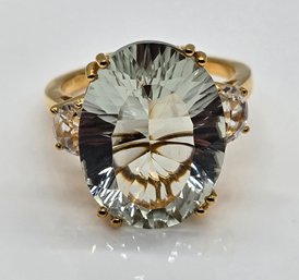 Concave Cut Prasiolite, White Topaz Ring In Yellow Gold Over Sterling