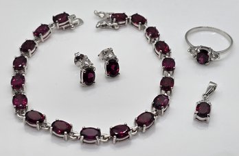 Orissa Rhodolite Garnet, White Topaz Ring, Earrings, Bracelet & Necklace Set