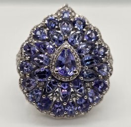 Tanzanite, White Zircon Floral Ring In Platinum Over Sterling