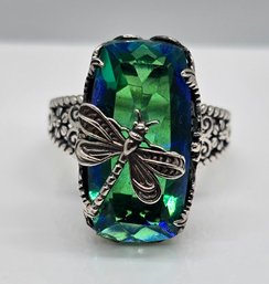 Peacock Quartz Dragonfly Ring In Sterling
