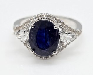 Blue Sapphire, White Zircon, Rhodium Over Sterling Ring