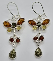 Multi-colored Amber Butterfly Earrings In Sterling