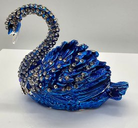 Hand Painted Blue Swan Trinket Box With Rhinestones