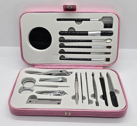 18 Piece Grooming & Cosmetic Kit In Faux Pink Leather Snap Case