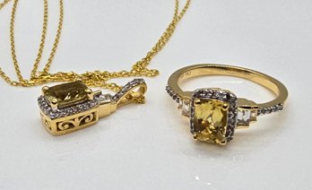 Premium Brazilian Heliodor, White Zircon Halo Ring & Pendant In Yellow Gold Over Sterling With Chain