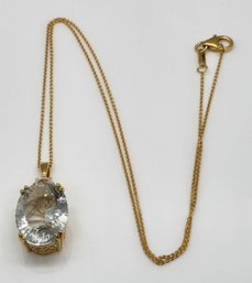 Concave Cut Prasiolite, White Topaz Pendant Necklace In Yellow Gold Over Sterling