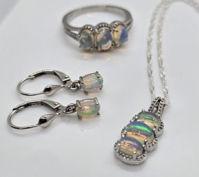 Ethiopian Welo Opal Lever Back Earrings, 3 Stone Ring & Pendant Necklace In Platinum Over Sterling