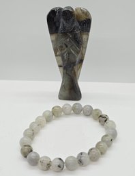 Hand Carved Labradorite Guardian Angel With Matching Beaded Stretch Bracelet