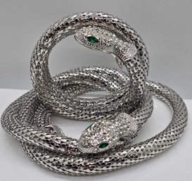 White Austrian Crystal, Green Color Resin Snake Bracelet & Necklace With Magnet