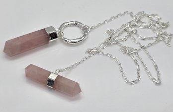Rose Quartz Pencil Shape Pendant Necklace In Silvertone