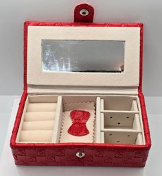 Red Woven Pattern Faux Leather Travel Jewelry Box With Glass Mirror & Button Clasp