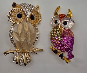 Two Lab Created White Cat's Eye, Multicolor Austrian Crystal Owl Brooches