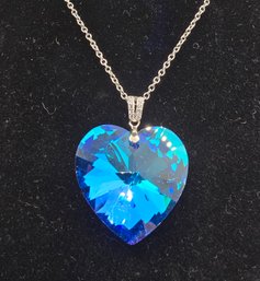 Faux Blue Sapphire Heart Pendant In Rhodium Over Sterling With Stainless Chain