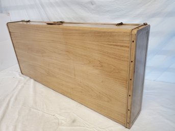 Large Vintage Metal Wood Look Suitcase Style Hinged Lid Storage Box - No Key