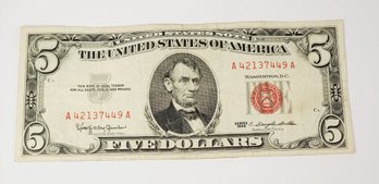 1963 $5 Red Seal Certificate  Bill Note