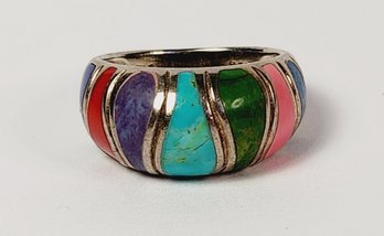Vintage Sterling Silver Multi Colored Stone Inlay Ring