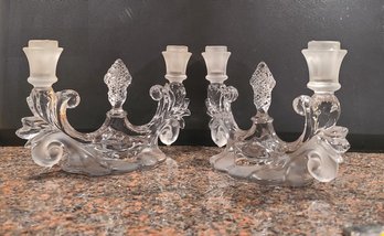 Pair Of Two Branch Centerpiece Candlestick Holders In Beautiful Frosted And Cut Glass