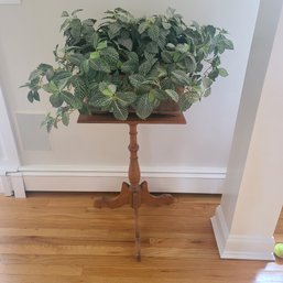 Lovely Natural Wood Antique End Table/ Plant Stand With Potted Faux Ivy Plant