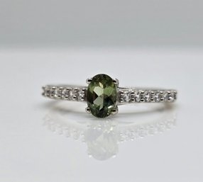 Natural Green Apatite, White Zircon Ring In Platinum Over Sterling