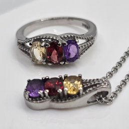 Multi Gemstone 3 Stone Ring And Pendant Necklace In Stainless