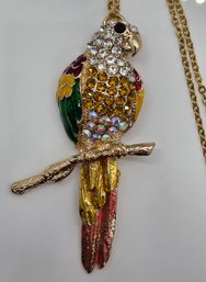 Austrian Crystal, Enameled Parrot Pendant Necklace With Yellow Gold Over Stainless Steel Chain