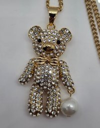 White Shell Pearl, Austrian Crystal Teddy Bear Pendant Necklace