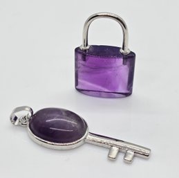 Amethyst Lock & Key Pendants In Silvertone