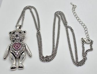 Austrian Crystal Teddy Bear Pendant Necklace In Silvertone