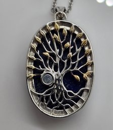 Lapis Lazuli Tree Of Life Pendant Necklace In 14k Yellow Gold & Platinum Over Copper With Magnet & Stainless