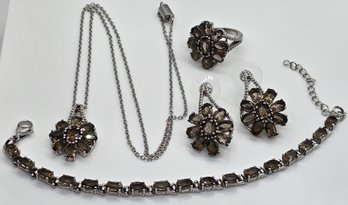 Brazilian Smoky Quartz Bracelet, Earrings, Ring & Pendant Necklace In Stainless Steel