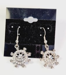 Vintage New Silver Tone Crystal Boat Steering  Wheel Hanging Earrings