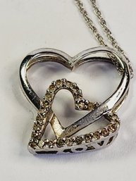 Vintage 10k White Gold Marcasite Diamond  Heart Pendant And Necklace
