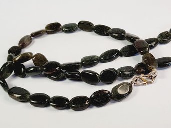 New Sterling Silver Dark Green Marble Stone  Beaded Necklace