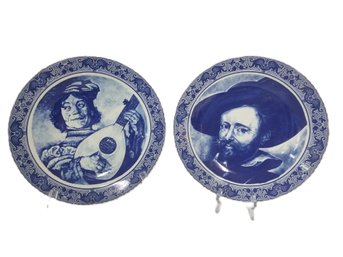 Large Antique Boch Delft Lute Player & Leonard De Vinci Decorative Plates - Made In Belgium