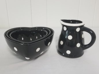 Terramoto Ceramic Black & White Pitcher & Nesting Heart Shaped Bowls