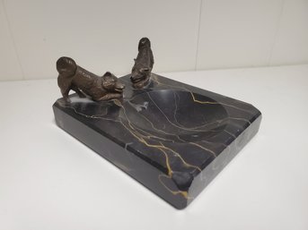 Antique Vintage Veined Black Marble Ashtray With Two Playful Bronze Dog Accents