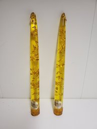 Pair Vintage MCM Confetti Gold Fleck In Gold Lucite 8' Taper Candles