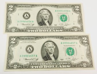Uncirculated Consecutive Number 1976 $2 Dollar Crisp  Bills  Bicentennial Federal Reserve Notes